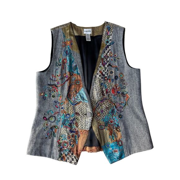 Vintage Chico’s Wool Blend Boho Patchwork Beaded Vest - Picture 5 of 7